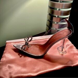 Amina Muaddi  Rosie Glass metallic leather-trimmed crystal-embellished pumps